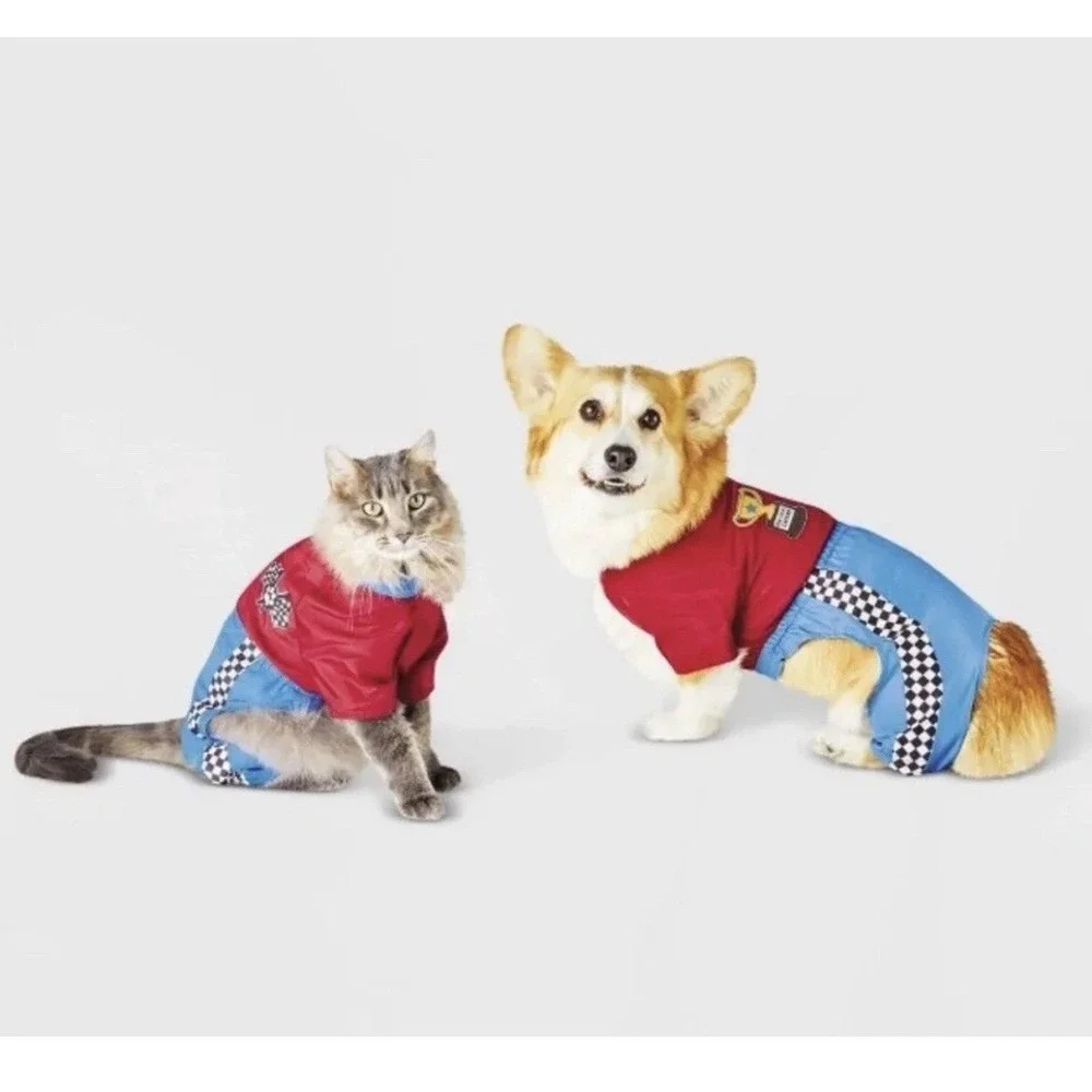 Hyde and EEK Pet Race Car Driver Dog Costume Jumpsuit Red Blue Medium NEW